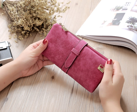 Solid Drawstring Nubuck Leather Zipper Long Women Wallet Phone Bag Purse Card Holder(Rose Red) by bashfashion