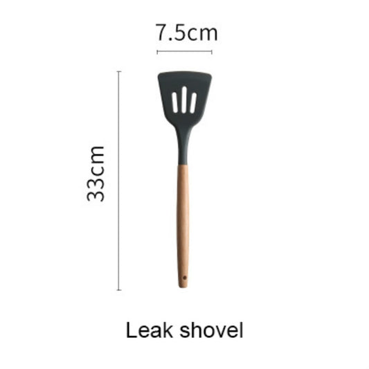 Silicone Wood Handle Spatula Heat-resistant Soup Spoon Non-stick Special Cooking Shovel Kitchen Tools Leak Shovel by bashfashion