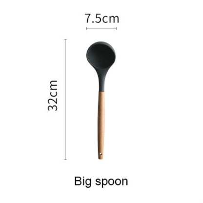 Silicone Wood Handle Spatula Heat-resistant Soup Spoon Non-stick Special Cooking Shovel Kitchen Tools Large Soup Spoon by bashfashion