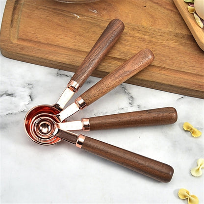 4 PCS / Set Measuring Spoon Walnut Handle Copper-Plated Kitchen Baking Tools Bartender Scale Measuring Set by bashfashion