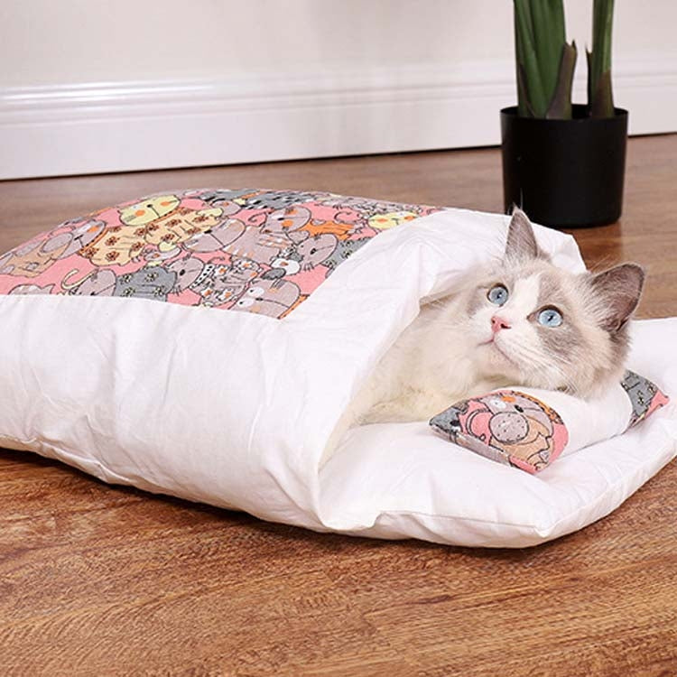 Closed Removable and Washable Cat Litter Sleeping Bag Winter Warm Dog Kennel, Size: M(Pink Cat) by bashfashion