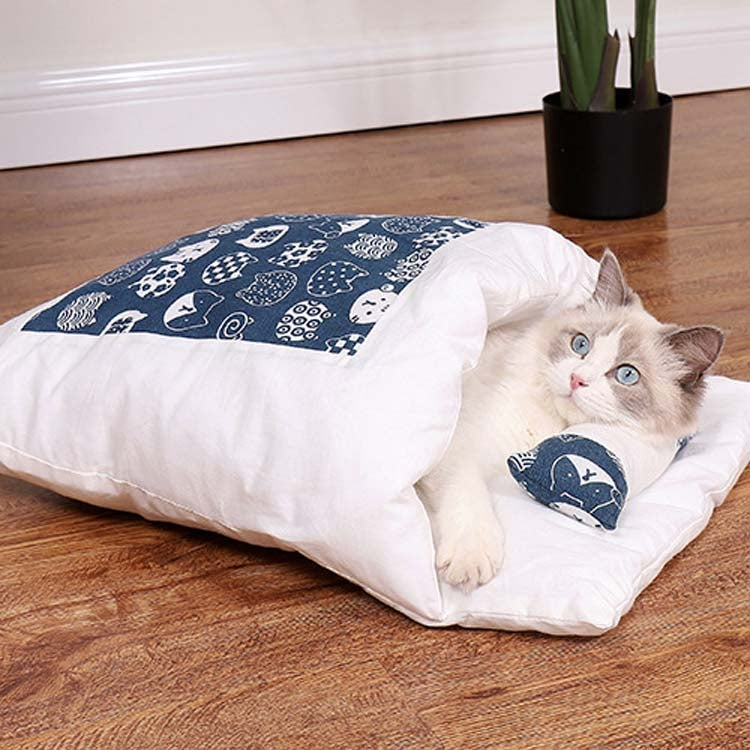 Closed Removable and Washable Cat Litter Sleeping Bag Winter Warm Dog Kennel, Size: L(Navy Blue Cat) by bashfashion