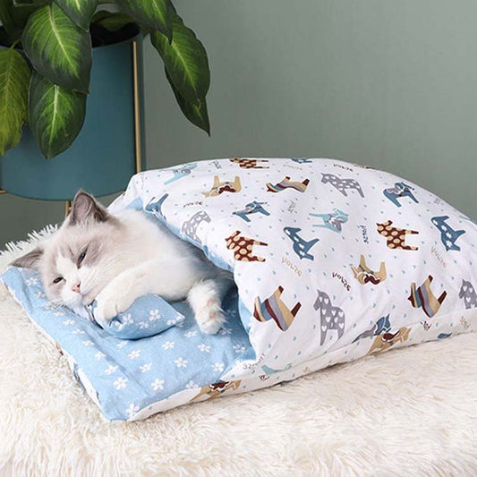 Closed Removable and Washable Cat Litter Sleeping Bag Winter Warm Dog Kennel, Size: L(Blue Pony) by bashfashion