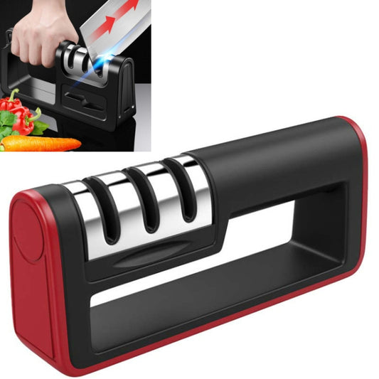 Three-Stage Kitchen Sharpener Multi-Function Kitchen Knife Sharpening Stone, Specification:Ordinary Cutter Head, Color:Red+Black by bashfashion