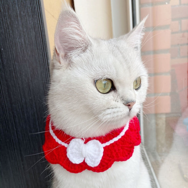 Handmade Woolen Knitting Adjustable Flower Bow Knot Cat Dog Bib Accessories Collar, Size:S 20-28cm(Red) by bashfashion
