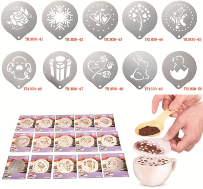 6 PCS Stainless Steel Garland Mold Fancy Coffee Printing Model Coffee Milk Foam Spray Pattern Template Random Style Delivery by bashfashion