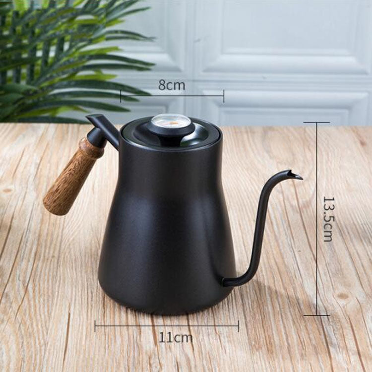 304 Stainless Steel Coffee Hand Pot Wooden Handle Coffee Pot Teflon Long-Mouth Slender Pot, Style: Without Thermometer by bashfashion
