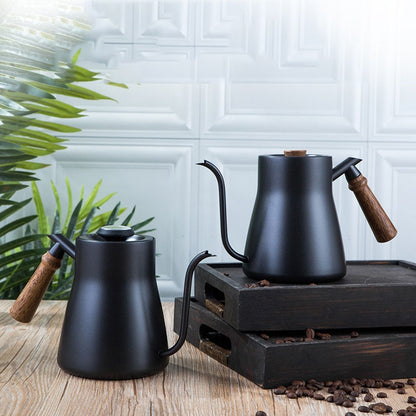 304 Stainless Steel Coffee Hand Pot Wooden Handle Coffee Pot Teflon Long-Mouth Slender Pot, Style: With Thermometer by bashfashion