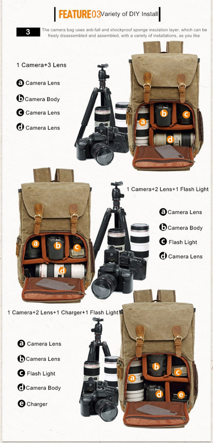 Batik Canvas Waterproof Photography Bag Outdoor Wear-resistant Large Camera Photo Backpack Men for Nikon / Canon / Sony / Fujifilm(Khaki) by bashfashion
