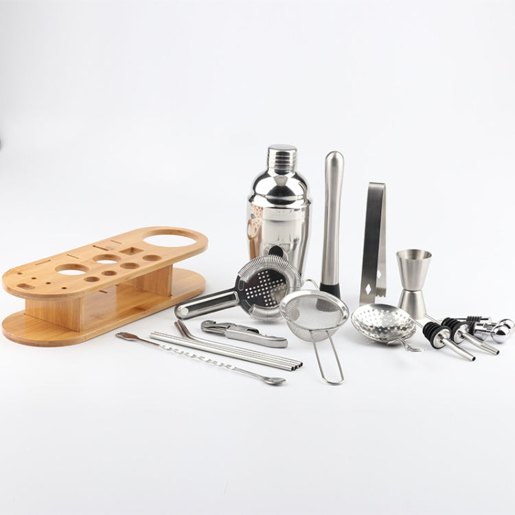 18 in 1 Stainless Steel Cocktail Shaker Set, Oval Bamboo Base, Bar Tool Set, Specification: 350ml by bashfashion