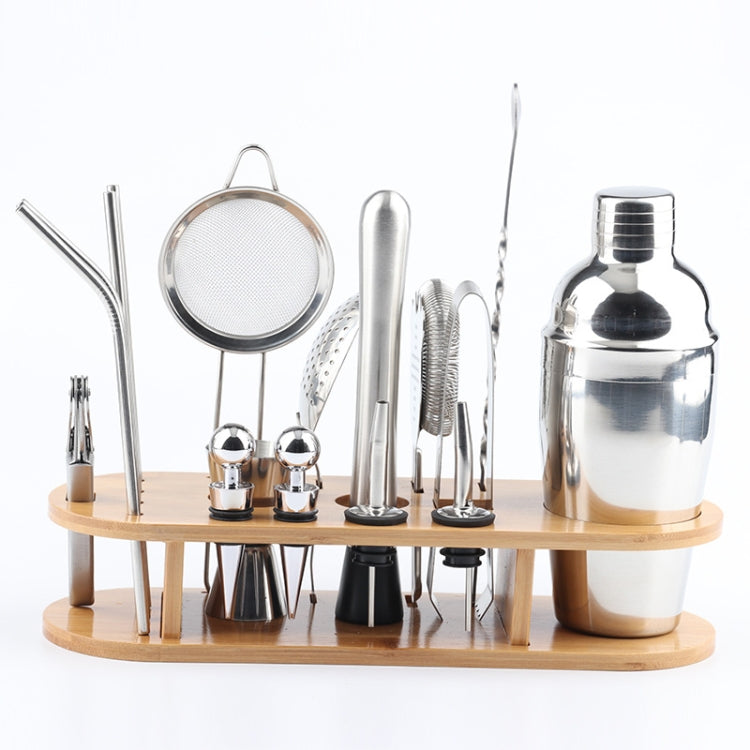 18 in 1 Stainless Steel Cocktail Shaker Set, Oval Bamboo Base, Bar Tool Set, Specification: 550ml by bashfashion