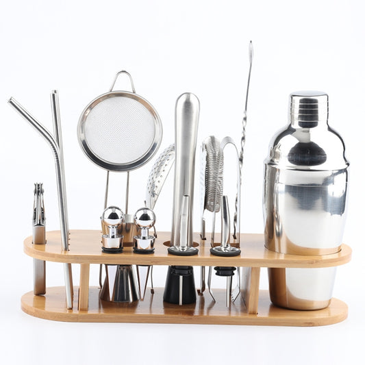18 in 1 Stainless Steel Cocktail Shaker Set, Oval Bamboo Base, Bar Tool Set, Specification: 750ml by bashfashion