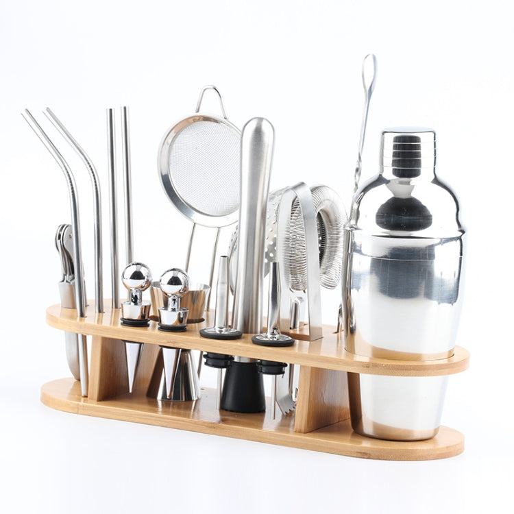 18 in 1 Stainless Steel Cocktail Shaker Set, Oval Bamboo Base, Bar Tool Set, Specification: 750ml by bashfashion