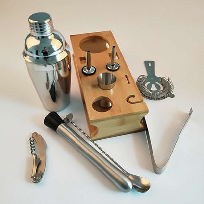 10 in 1 Stainless Steel Shaker Bamboo Stand Set Oblique Mouth Bar Cocktail Bartending Tool, Specification: 350ml by bashfashion