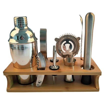 10 in 1 Stainless Steel Shaker Bamboo Stand Set Oblique Mouth Bar Cocktail Bartending Tool, Specification: 550ml by bashfashion