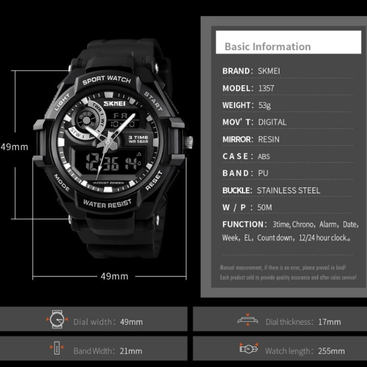 SKMEI 1357 Mens Multifunctional Sports Digital Watch Student Waterproof Watch(Black) by SKMEI