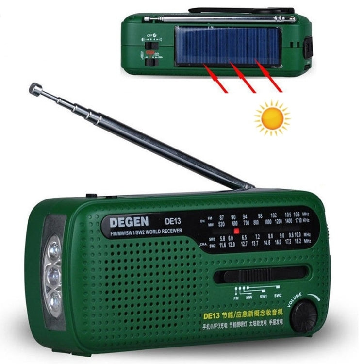 DE13 Hand-Cranked Power Full Band Solar Charging Emergency Outdoor Radio(Green) by bashfashion