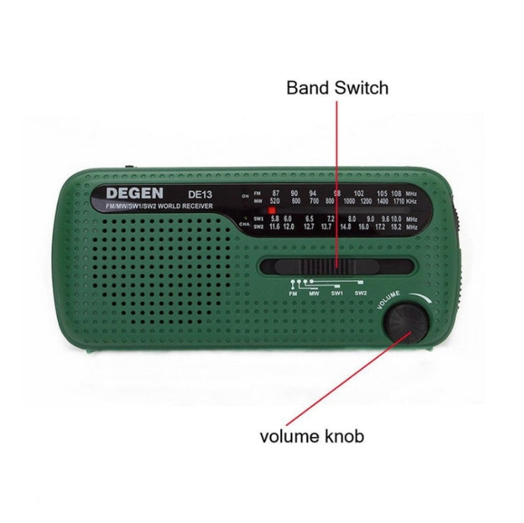 DE13 Hand-Cranked Power Full Band Solar Charging Emergency Outdoor Radio(Green) by bashfashion