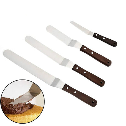 3 PCS Wooden Handle Spatula Baking Stainless Steel Cake Straight Knife(With Hole Curved Section 8 Inch) by bashfashion