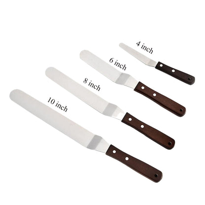 3 PCS Wooden Handle Spatula Baking Stainless Steel Cake Straight Knife(With Hole Curved Section 8 Inch) by bashfashion