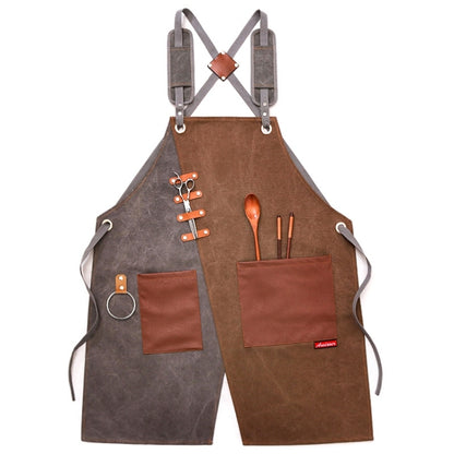 Denim Apron Barber Milk Tea Shop Waiter Overalls(Gray-yellow Shoulder Strap) by bashfashion