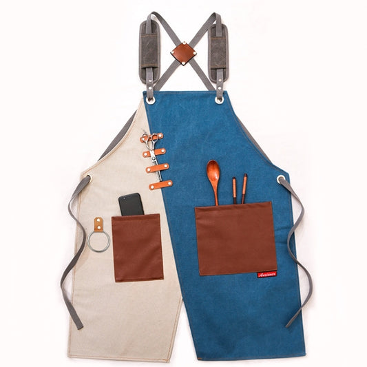 Denim Apron Barber Milk Tea Shop Waiter Overalls(Blue-white Shoulder Strap) by bashfashion