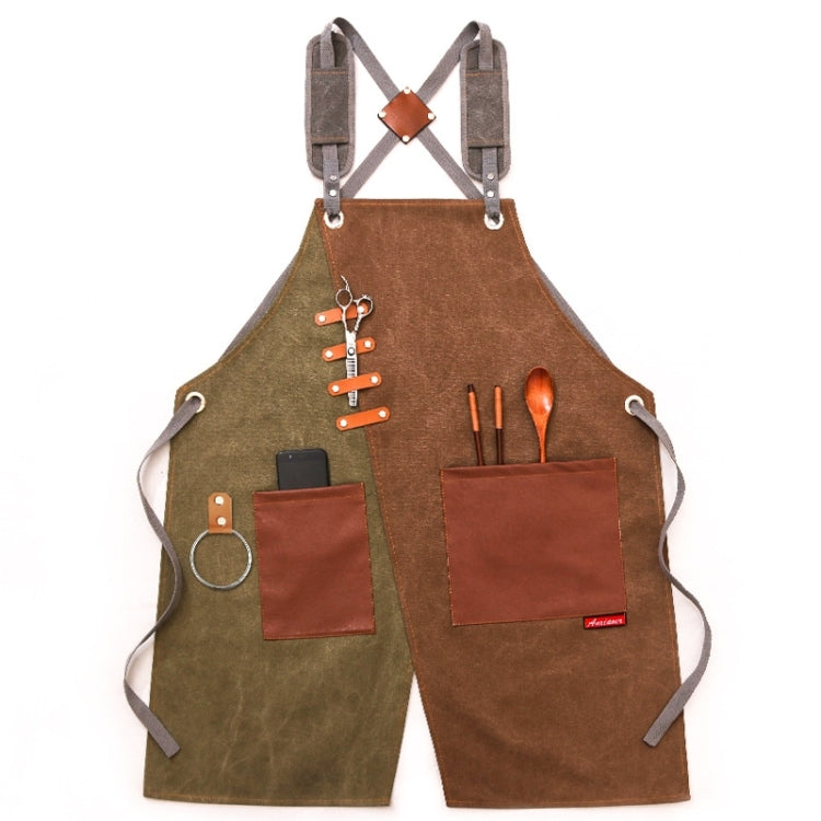 Denim Apron Barber Milk Tea Shop Waiter Overalls(Green-yellow Shoulder Strap) by bashfashion