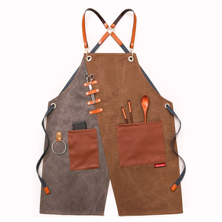 Denim Apron Barber Milk Tea Shop Waiter Overalls(Grey-yellow Hook Strap) by bashfashion