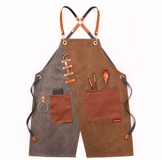 Denim Apron Barber Milk Tea Shop Waiter Overalls(Grey-yellow Hook Strap) by bashfashion