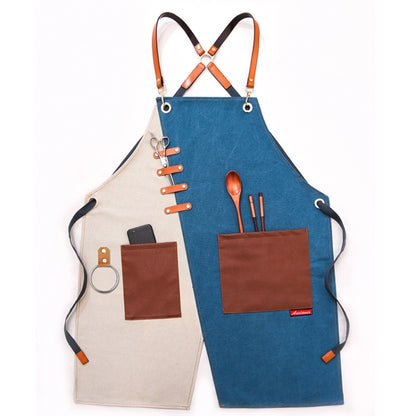 Denim Apron Barber Milk Tea Shop Waiter Overalls(Blue-white Hook Strap) by bashfashion
