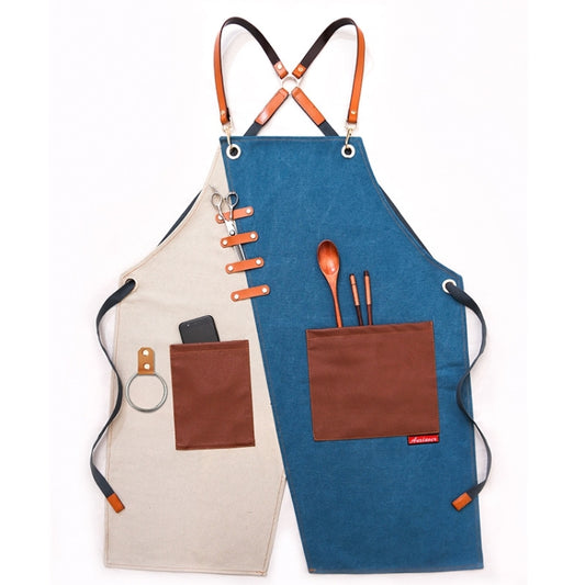 Denim Apron Barber Milk Tea Shop Waiter Overalls(Blue-white Hook Strap) by bashfashion