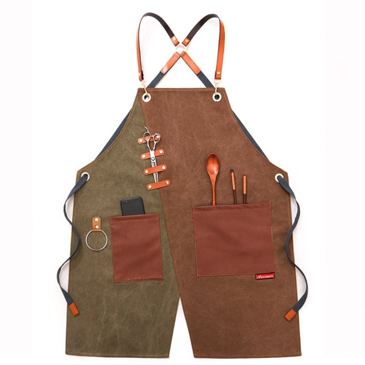 Denim Apron Barber Milk Tea Shop Waiter Overalls(Green-yellow Hook Strap) by bashfashion