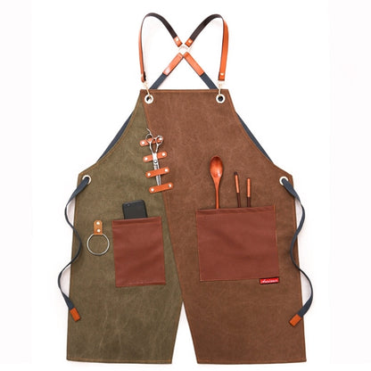 Denim Apron Barber Milk Tea Shop Waiter Overalls(Green-yellow Hook Strap) by bashfashion