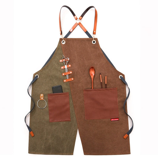 Denim Apron Barber Milk Tea Shop Waiter Overalls(Green-yellow Hook Strap) by bashfashion
