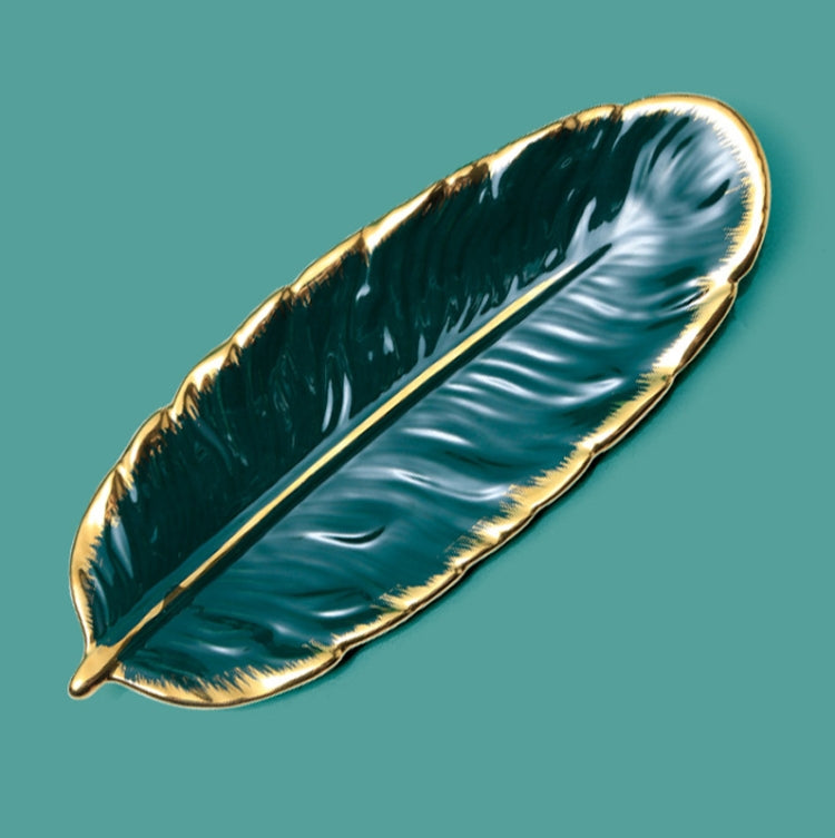 Phnom Penh Ceramic Dessert Plate Feather Plate Banana Leaf Fruit Dried Fruit Storage Tray, Size: Large （Bright Emerald) by bashfashion