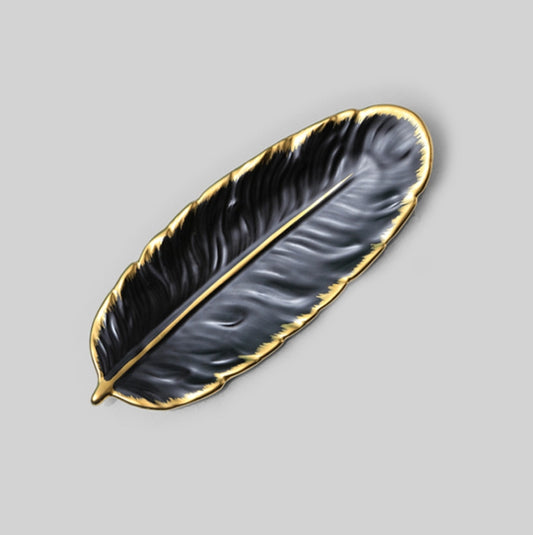 Phnom Penh Ceramic Dessert Plate Feather Plate Banana Leaf Fruit Dried Fruit Storage Tray, Size: Small (Matte Black) by bashfashion