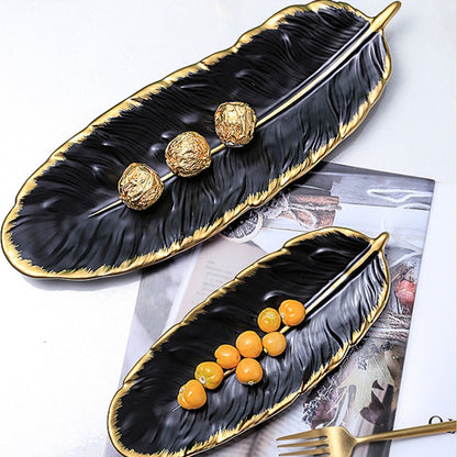 Phnom Penh Ceramic Dessert Plate Feather Plate Banana Leaf Fruit Dried Fruit Storage Tray, Size: Small (Matte Black) by bashfashion