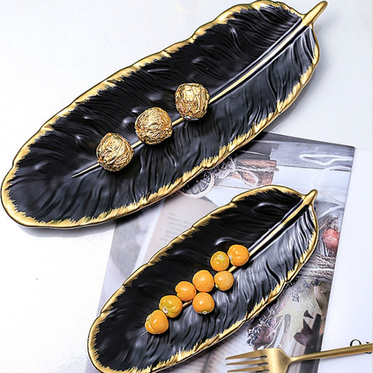Phnom Penh Ceramic Dessert Plate Feather Plate Banana Leaf Fruit Dried Fruit Storage Tray, Size: Small (Matte Black) by bashfashion