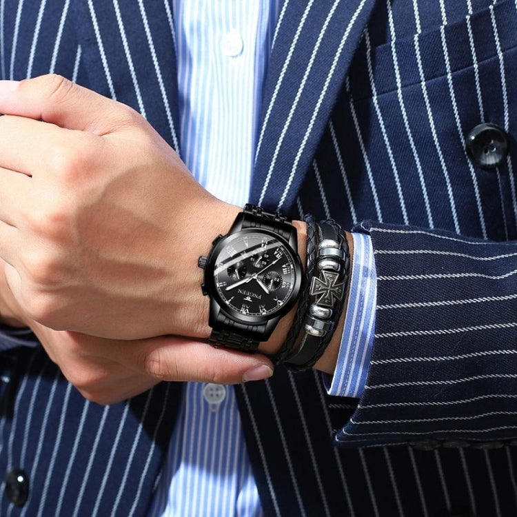 FNGEEN 4006 Men Trendy Waterproof Quartz Watch(Black Leather White Steel Blue Surface) by FNGEEN