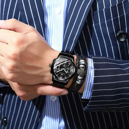 FNGEEN 4006 Men Trendy Waterproof Quartz Watch(Black Leather White Steel Blue Surface) by FNGEEN