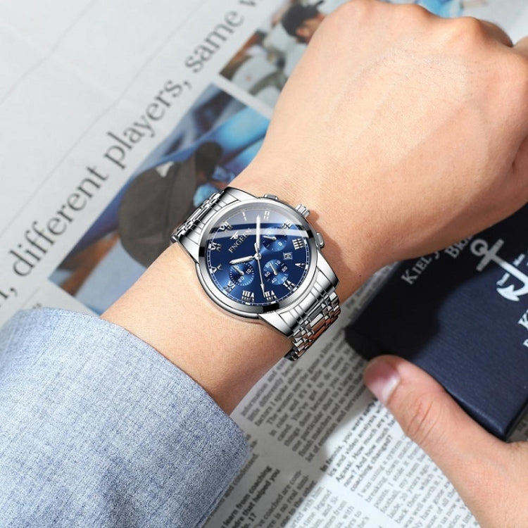 FNGEEN 4006 Men Trendy Waterproof Quartz Watch(Black Leather White Steel Blue Surface) by FNGEEN