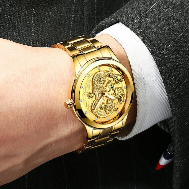 FNGEEN S666 Waterproof Luminous Watch Quartz Ultra-Thin Dragon Or Phoenix Pattern Couple Watch(Brown Leather Full Gold Black Surface) by FNGEEN