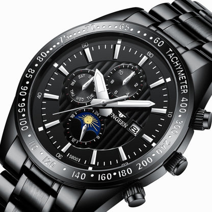 FNGEEN 5800 Men Three Eyes and Six Pins Watch Student Quartz Watch(White Steel Black Surface) by FNGEEN