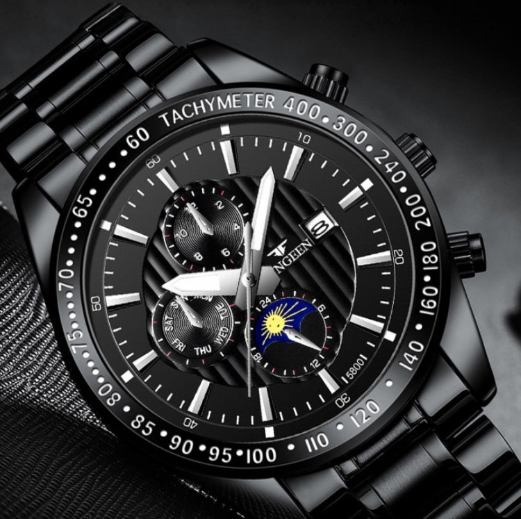 FNGEEN 5800 Men Three Eyes and Six Pins Watch Student Quartz Watch(White Steel Black Surface) by FNGEEN