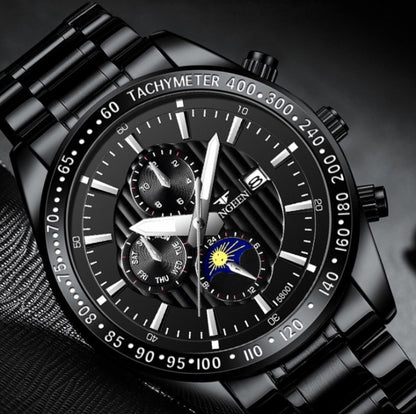 FNGEEN 5800 Men Three Eyes and Six Pins Watch Student Quartz Watch(White Steel Black Surface) by FNGEEN