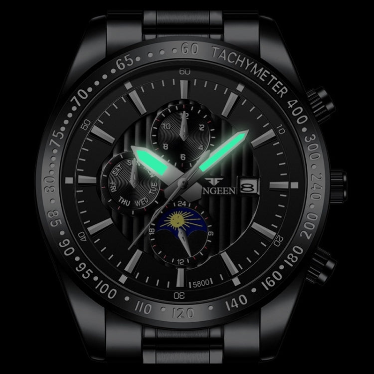 FNGEEN 5800 Men Three Eyes and Six Pins Watch Student Quartz Watch(White Steel Black Surface) by FNGEEN