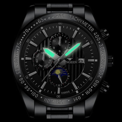 FNGEEN 5800 Men Three Eyes and Six Pins Watch Student Quartz Watch(White Steel Black Surface) by FNGEEN