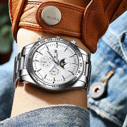 FNGEEN 5800 Men Three Eyes and Six Pins Watch Student Quartz Watch(White Steel Black Surface) by FNGEEN