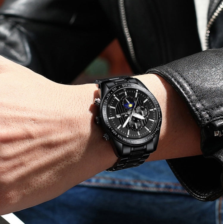 FNGEEN 5800 Men Three Eyes and Six Pins Watch Student Quartz Watch(White Steel Black Surface) by FNGEEN