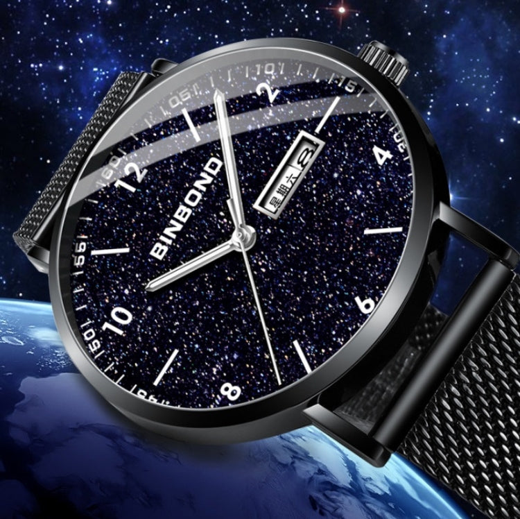 BINBOND B3820 Men Simple Luminous Quartz Watch Student Trendstarry Starry Sky Pattern Watch(Black Mash Black Shell White Nails) by BINBOND
